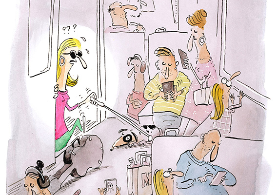 TWS 2026_Comic_blinde Frau steigt in einen vollen Bus ein